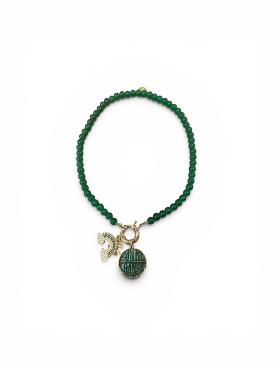 Plunder Jewelry - Plunder Green Beaded Necklace with Gold and Crystal Charms